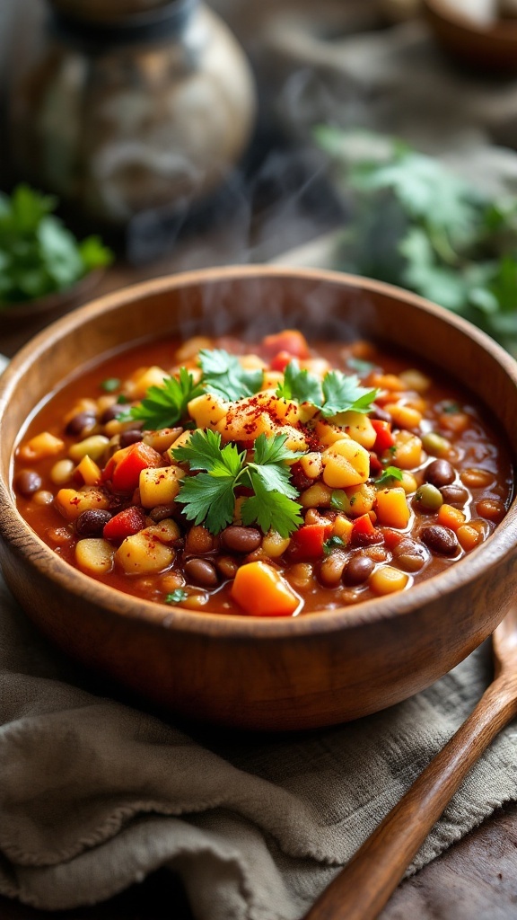 A hearty bowl of vegan chili with beans and vegetables, garnished with cilantro, on a wooden table.
